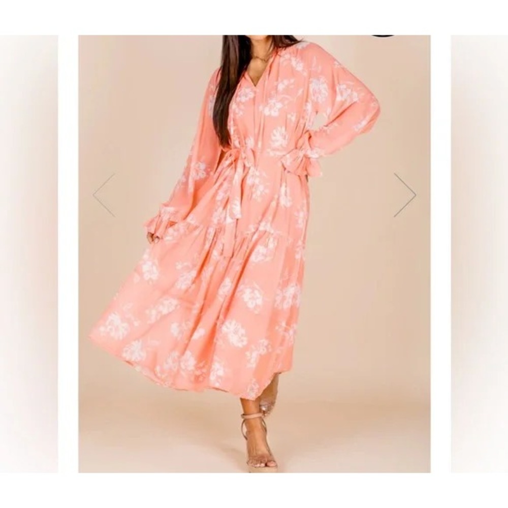 Pink Lily by Natalie Kennedy Tiered Peach Floral Midi Dress Plus Size 3XL - Picture 4 of 15